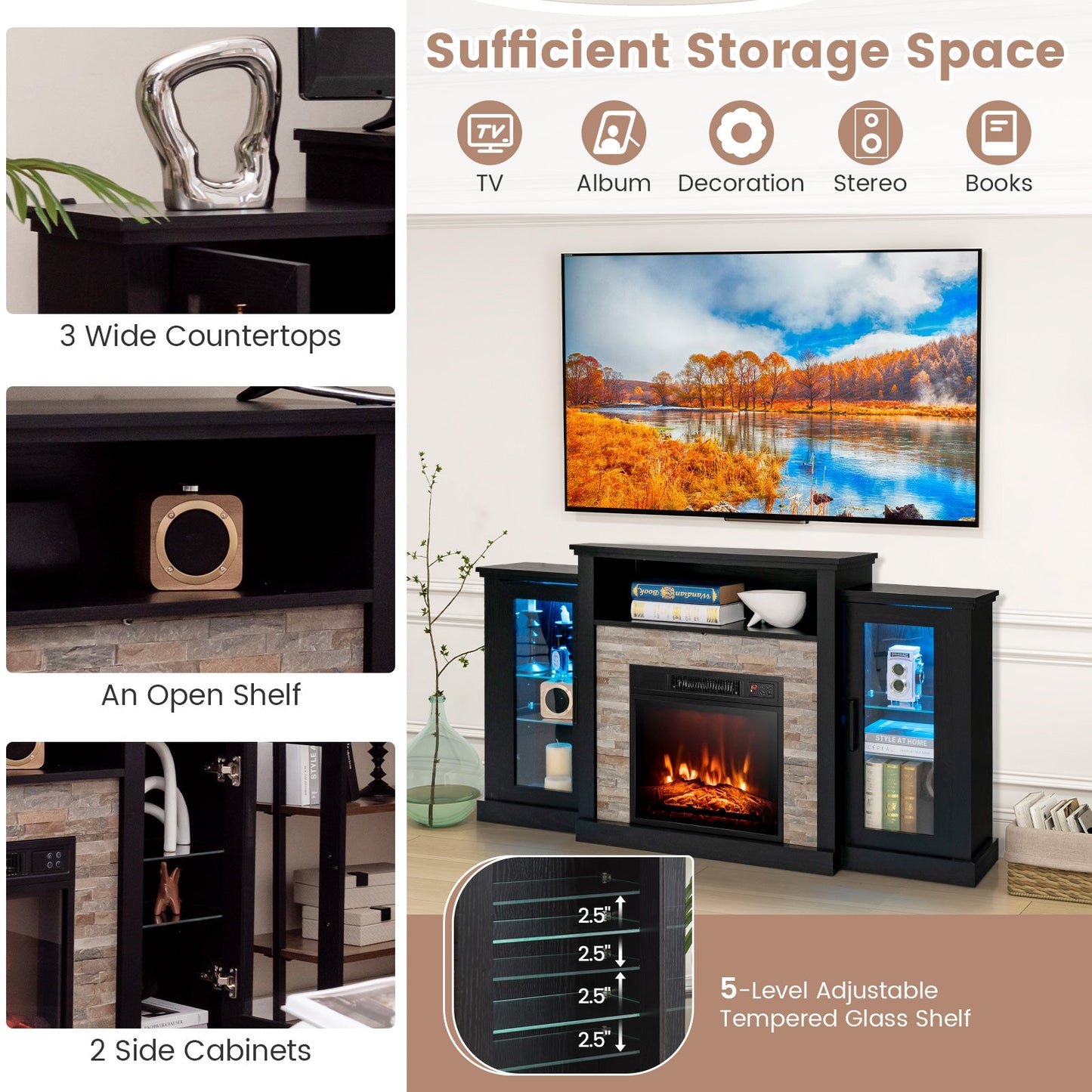 Fireplace TV Stand with 16-Color Led Lights for TVs up to 65 Inch-Black