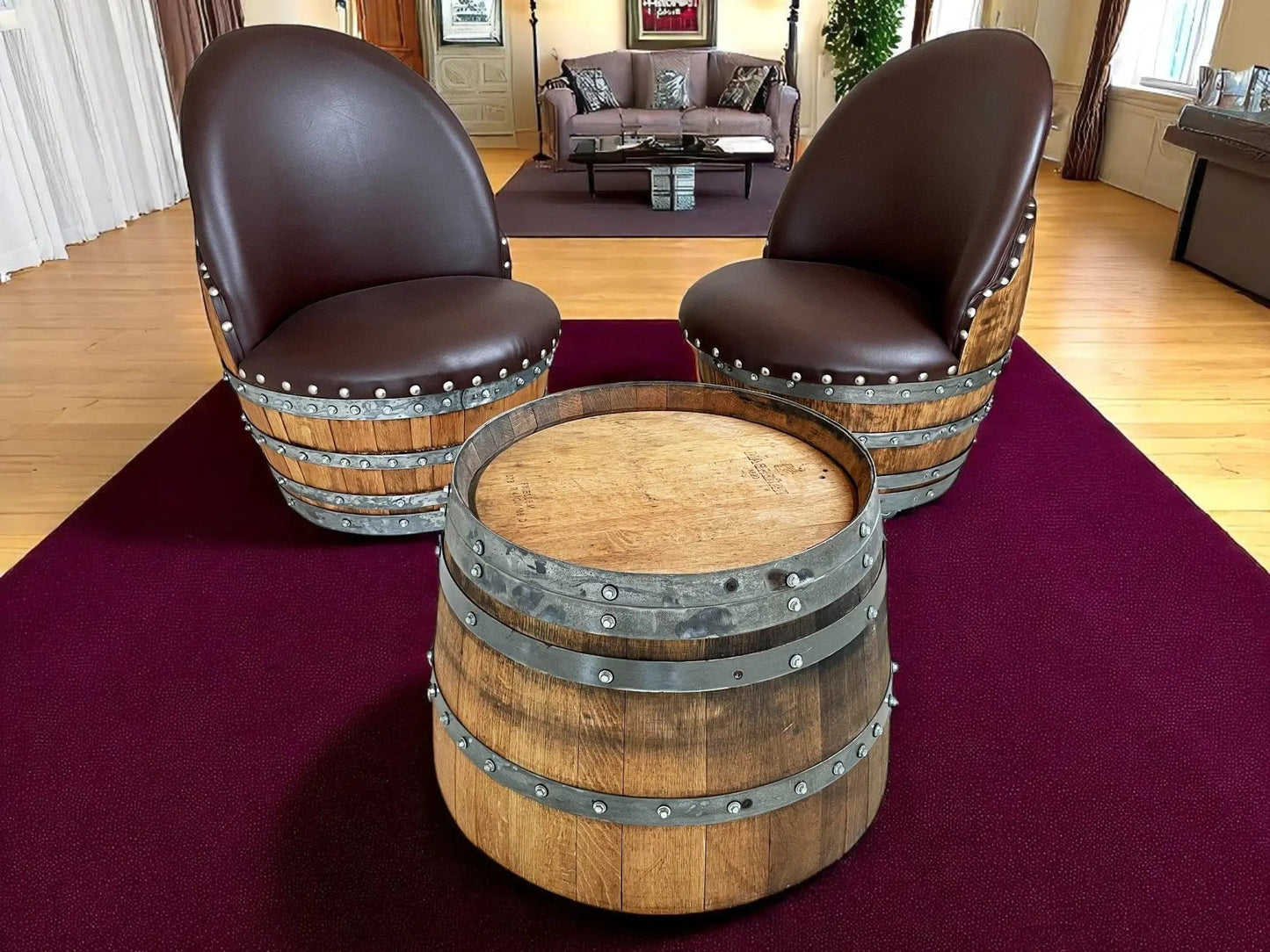 Bourbon Barrel Coffee Table Set, Whiskey Barrel Living Room Set, Wine Barrel 2 Chairs + Coffee Table, Reclaimed Oak