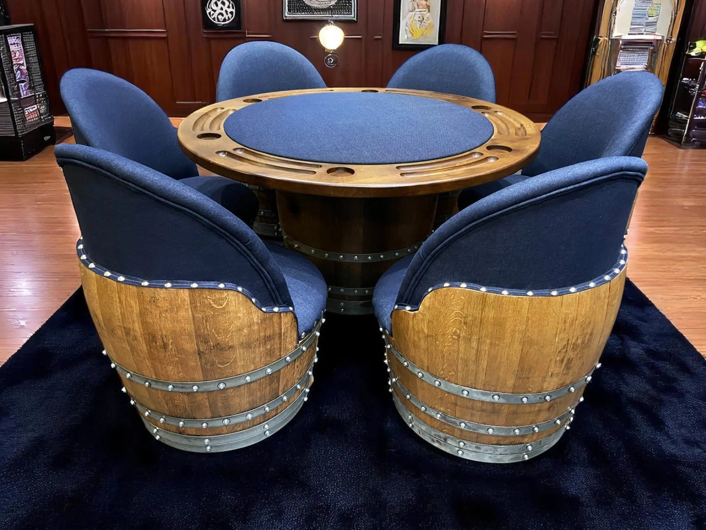 Whiskey Barrel Poker Table, Bourbon Barrel Poker Set, Wine Barrel Convertible Dining Top, Dark Navy, 6-Chair Set