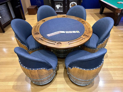 Whiskey Barrel Poker Table, Bourbon Barrel Poker Set, Wine Barrel Convertible Dining Top, Dark Navy, 6-Chair Set