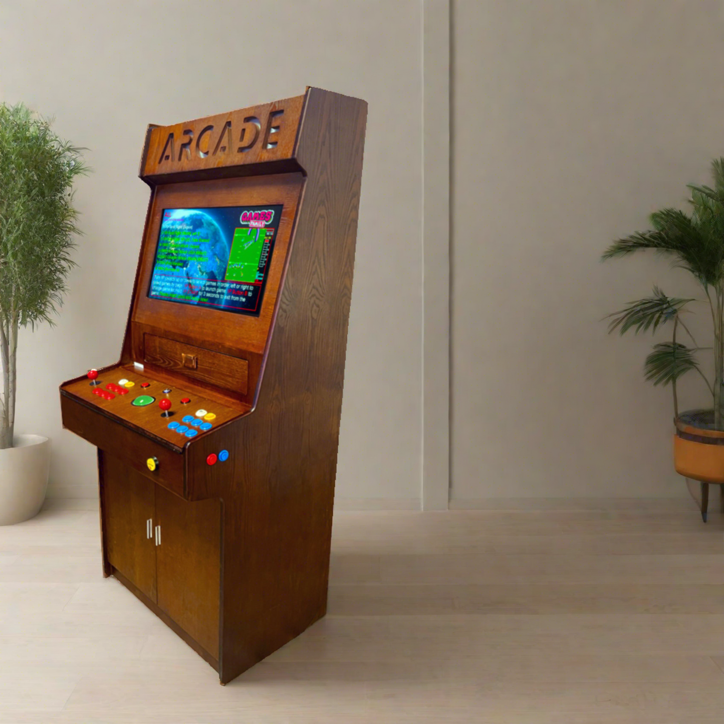 Full-sized two player upright arcade game with wood grain finish (7,000+ games)