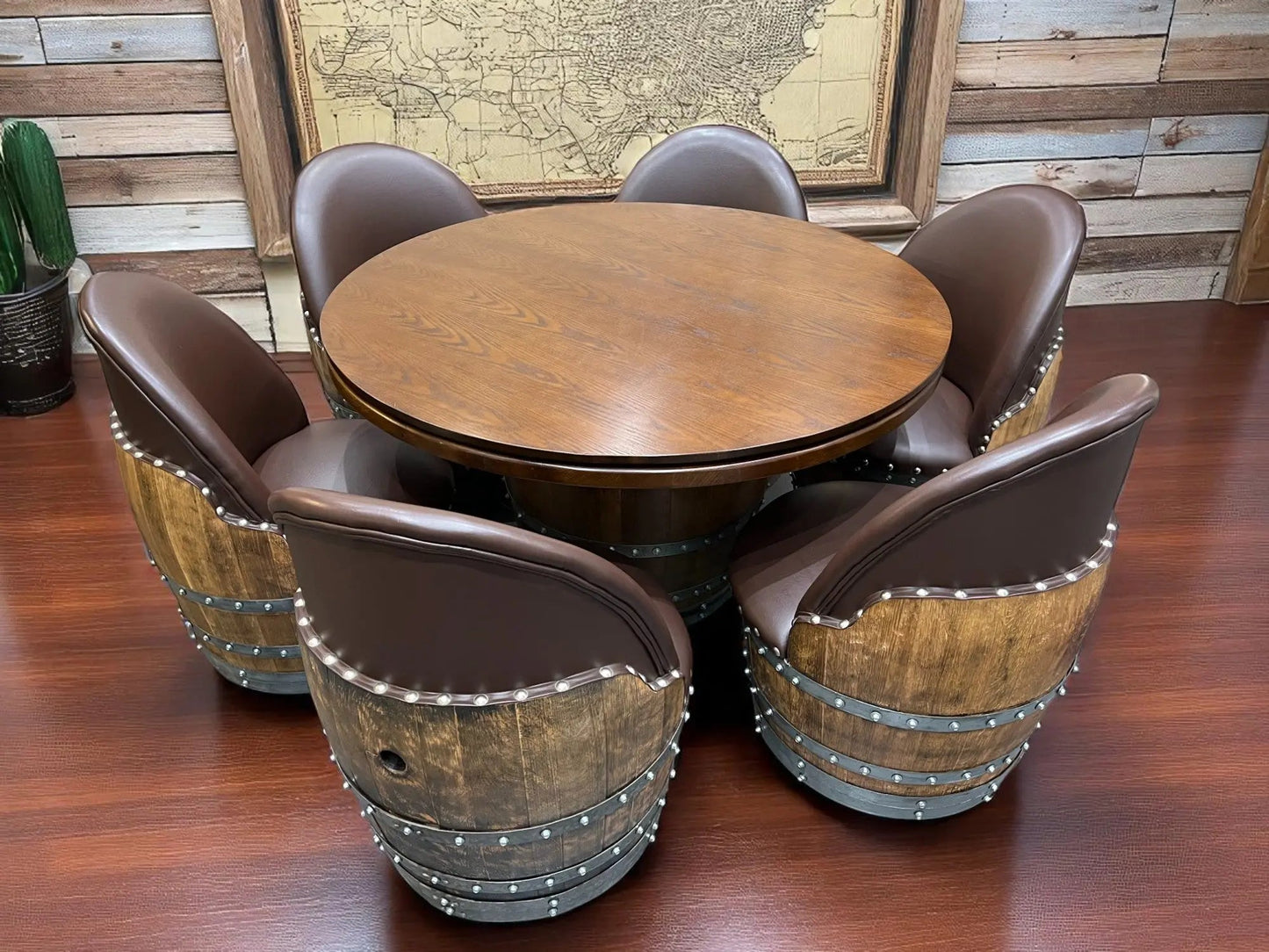 Barrel Table Game Set — Whiskey Barrel Poker Table, Bourbon Barrel Poker Set, Wine Barrel Convertible Dining Top, 6-Chair