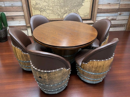 Barrel Table Game Set — Whiskey Barrel Poker Table, Bourbon Barrel Poker Set, Wine Barrel Convertible Dining Top, 6-Chair