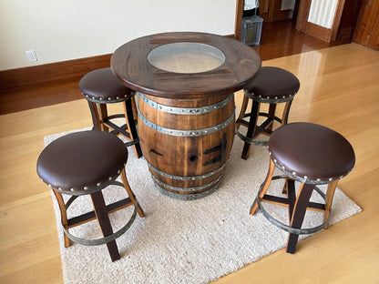 Whiskey & Wine Barrel Pub Set — 4 Stools, Counter Height, Cabinet Storage
