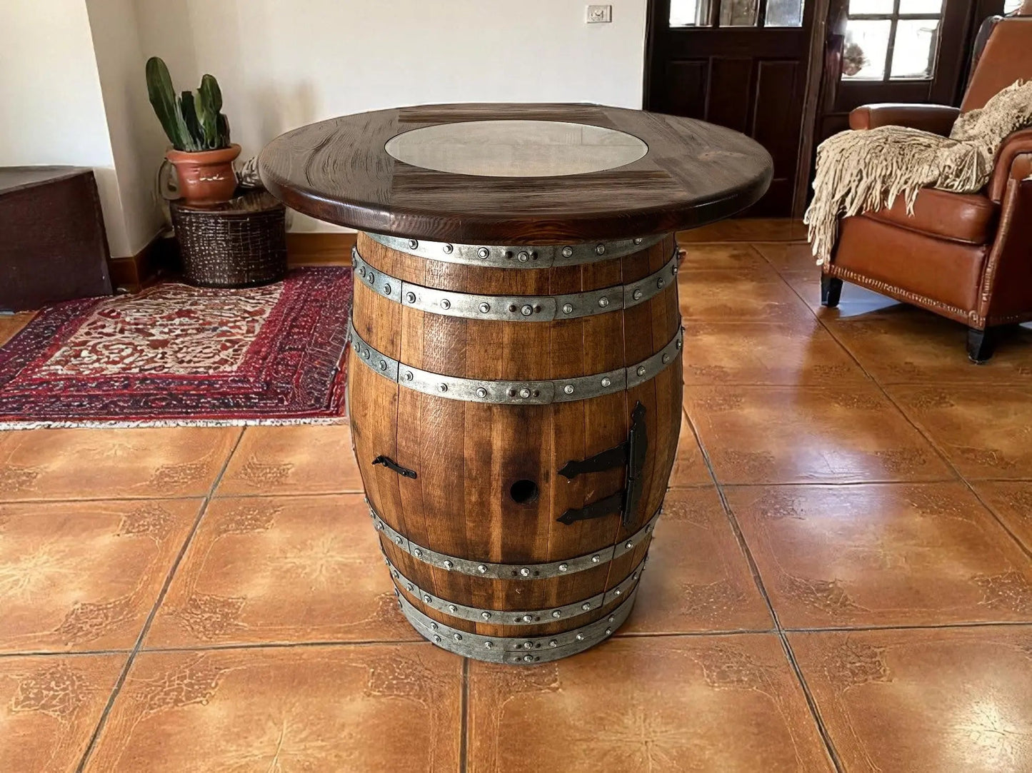 Whiskey & Wine Barrel Pub Set — 4 Stools, Counter Height, Cabinet Storage