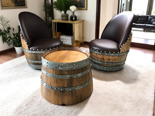 Bourbon Barrel Coffee Table Set, Whiskey Barrel Living Room Set, Wine Barrel 2 Chairs + Coffee Table, Reclaimed Oak
