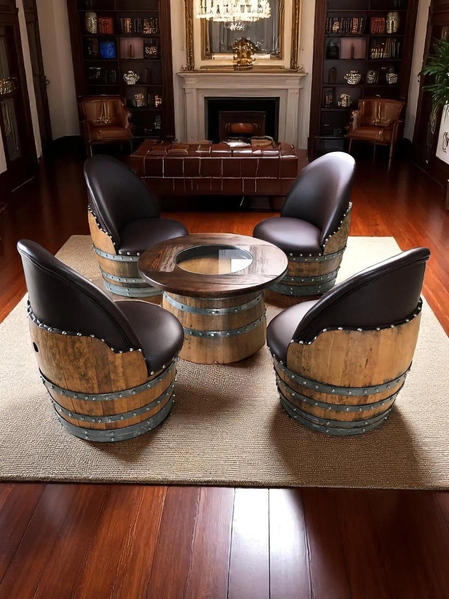 Whiskey & Wine Barrel Coffee Table Set — Full Round Table, 4 Chairs