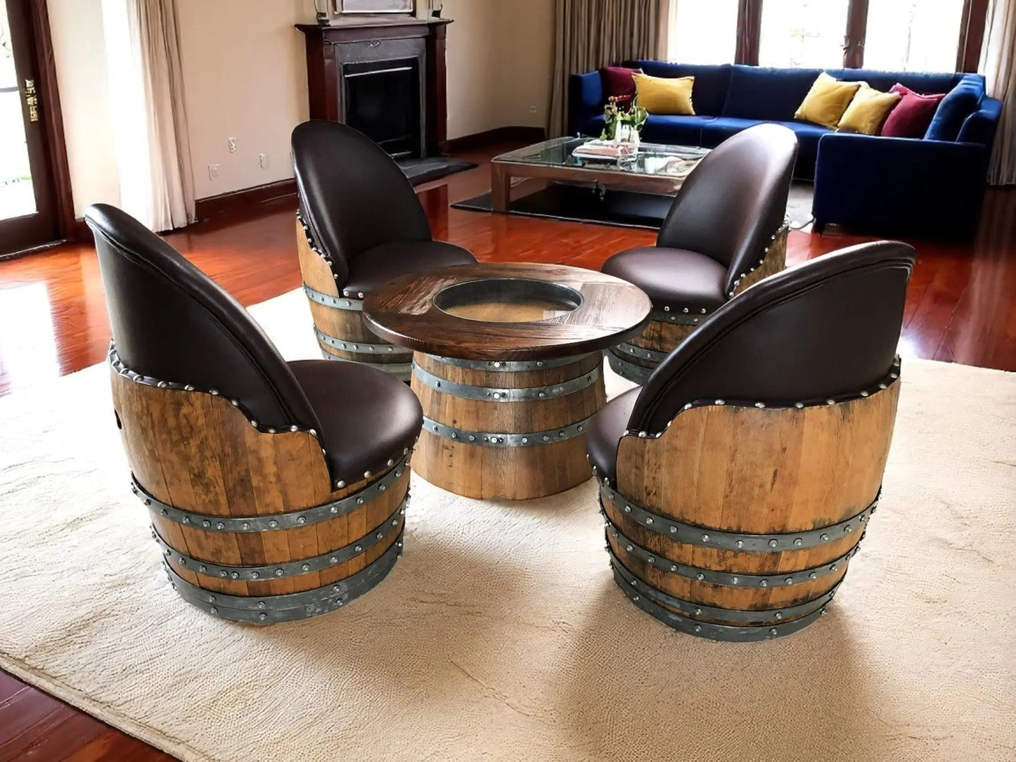 Whiskey & Wine Barrel Coffee Table Set — Full Round Table, 4 Chairs