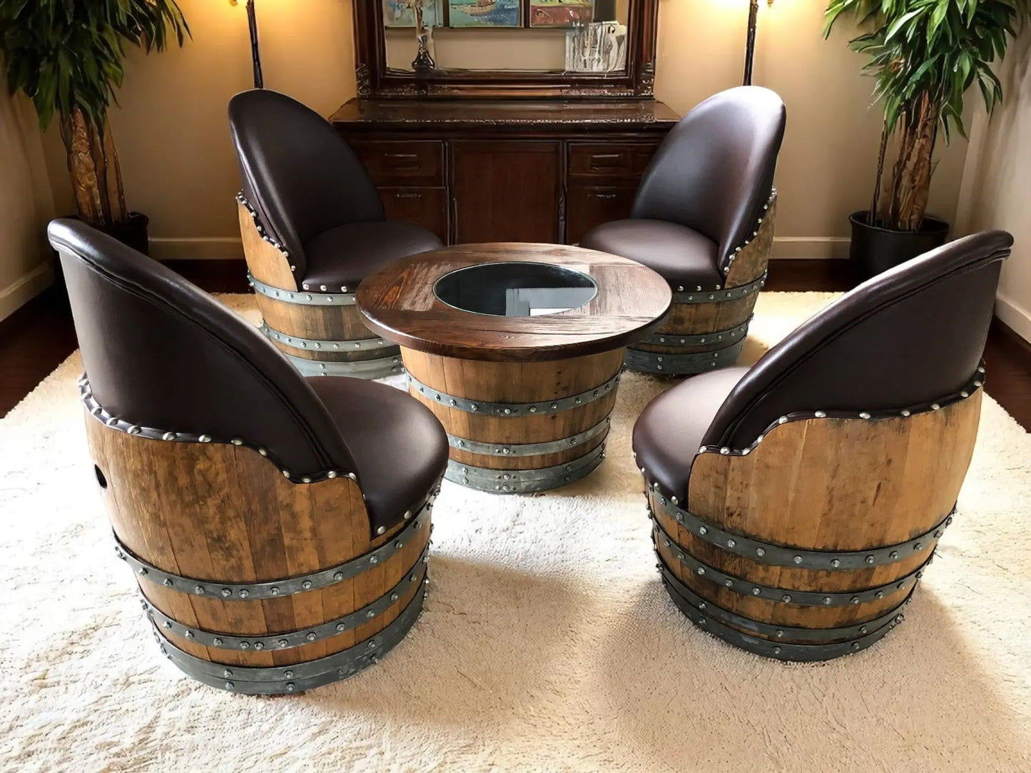 Whiskey & Wine Barrel Coffee Table Set — Full Round Table, 4 Chairs