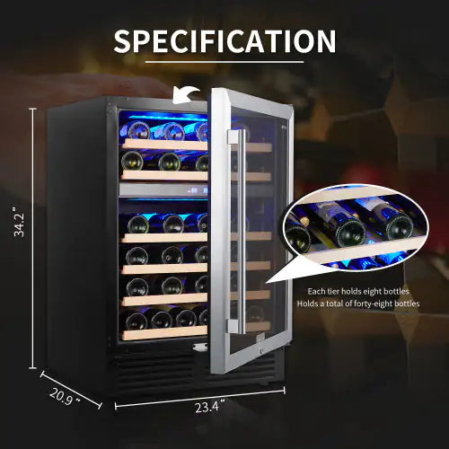 Wine Cabinet 24 inch Dual Zone Wine Refrigerator 46 Bottles Built-in Wine Refrigerator