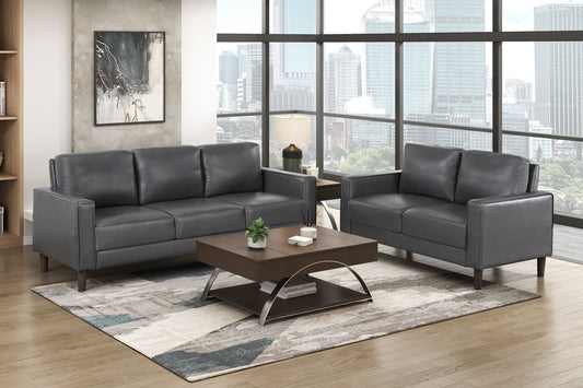 Modern Living Room Furniture 2pc Set Sofa Loveseat Dark Gray Faux Leather Upholstered Cushion Back Seat Solid Wood