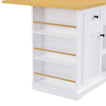 K&K 53inch Large Kitchen Island with 2 Bar Stools, Power Outlet,Door Internal Storage Rack, Kitchen Storage Cart on 5 Wheels with Drop Leaf, 5 Open Side Racks, 3 Drawers, for Kitchen,Dining Room,White