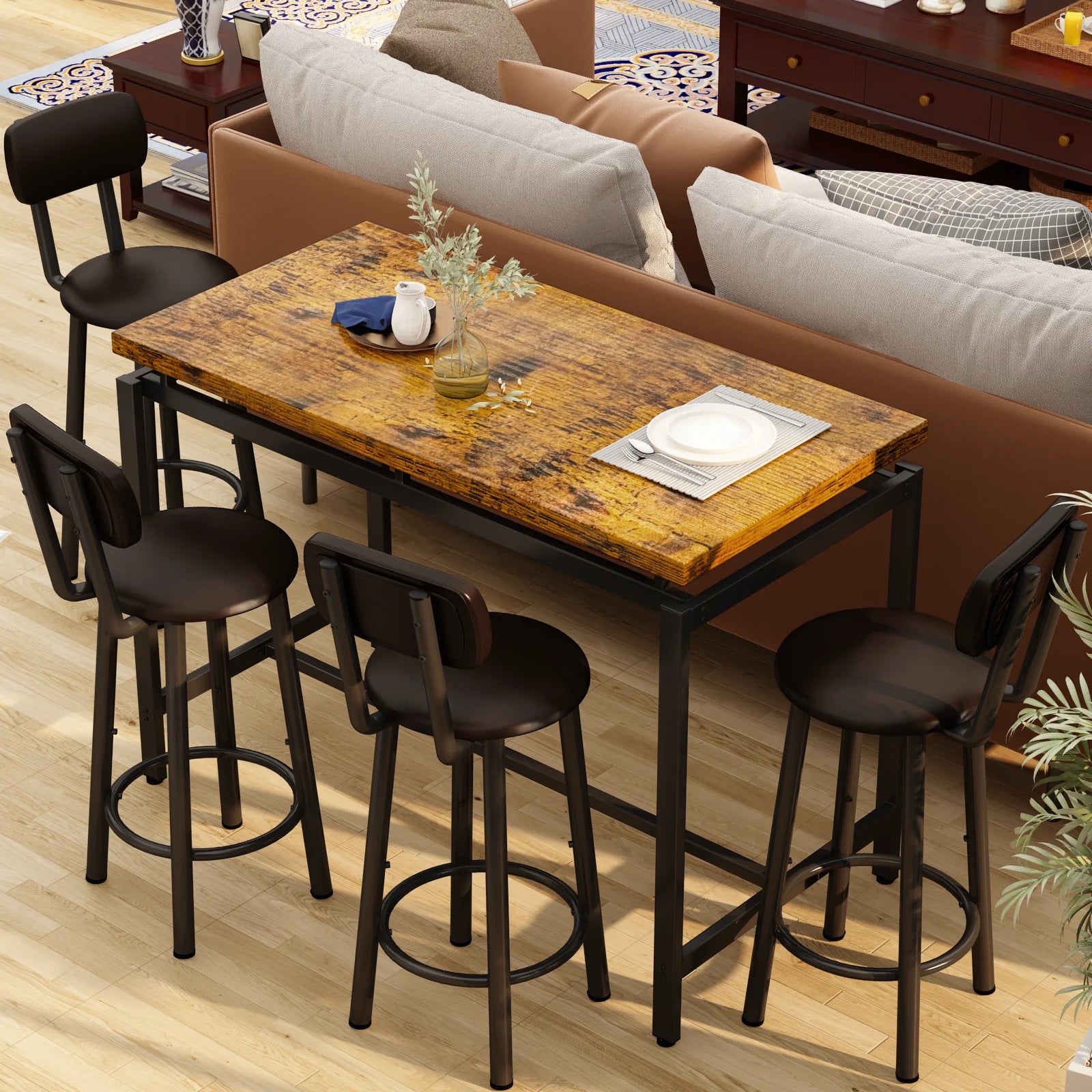 Breakfast Barstool Counter Height Dining Table Set for 4 with Upholstered Bar Stools, High Top Table, Vintage Brown