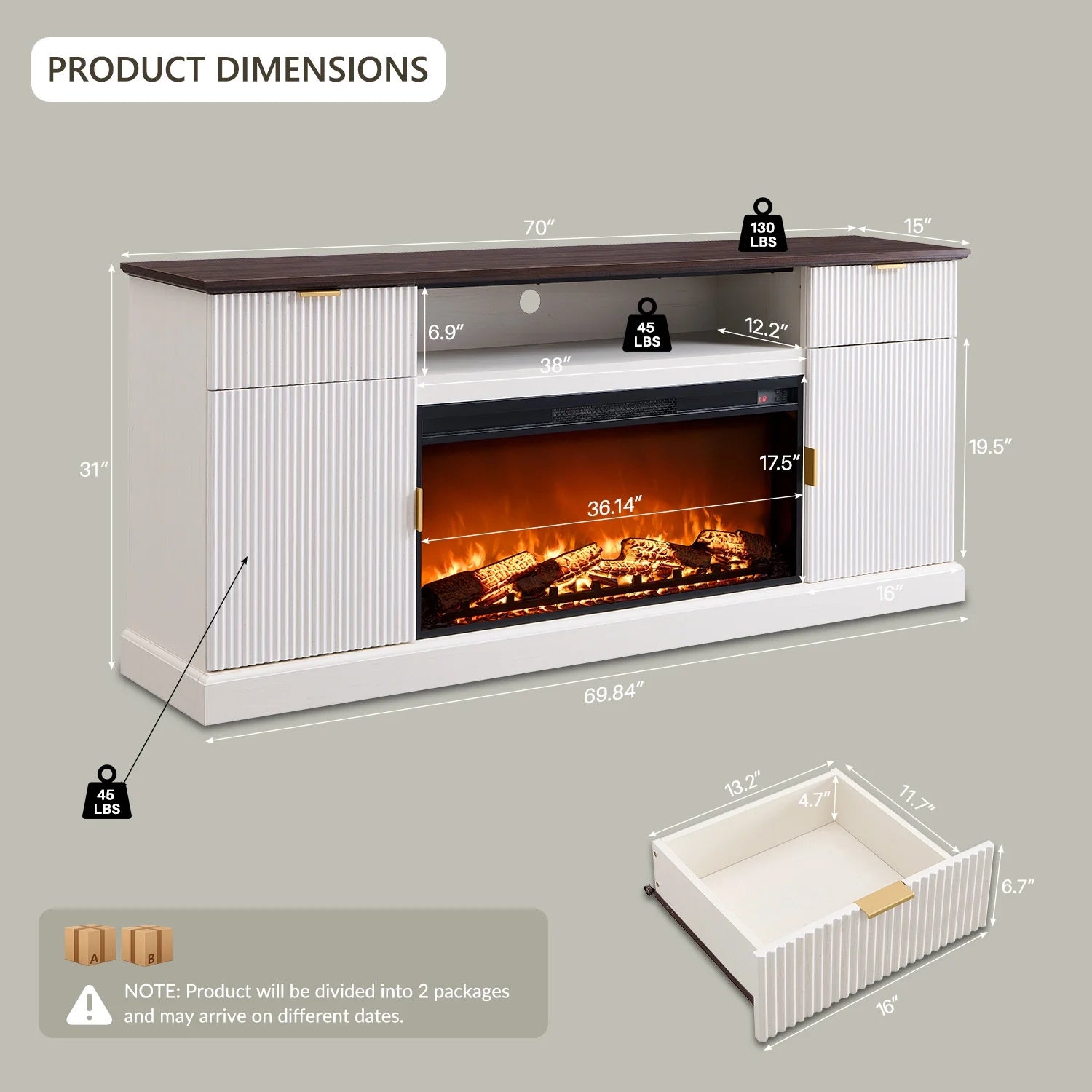 Fluted Fireplace TV Stand for 80 Inch, Entertainment Center with 36" Electric Fireplace, 2 Drawers and Adjustable Shelves, Wood TV Stand for Living Room