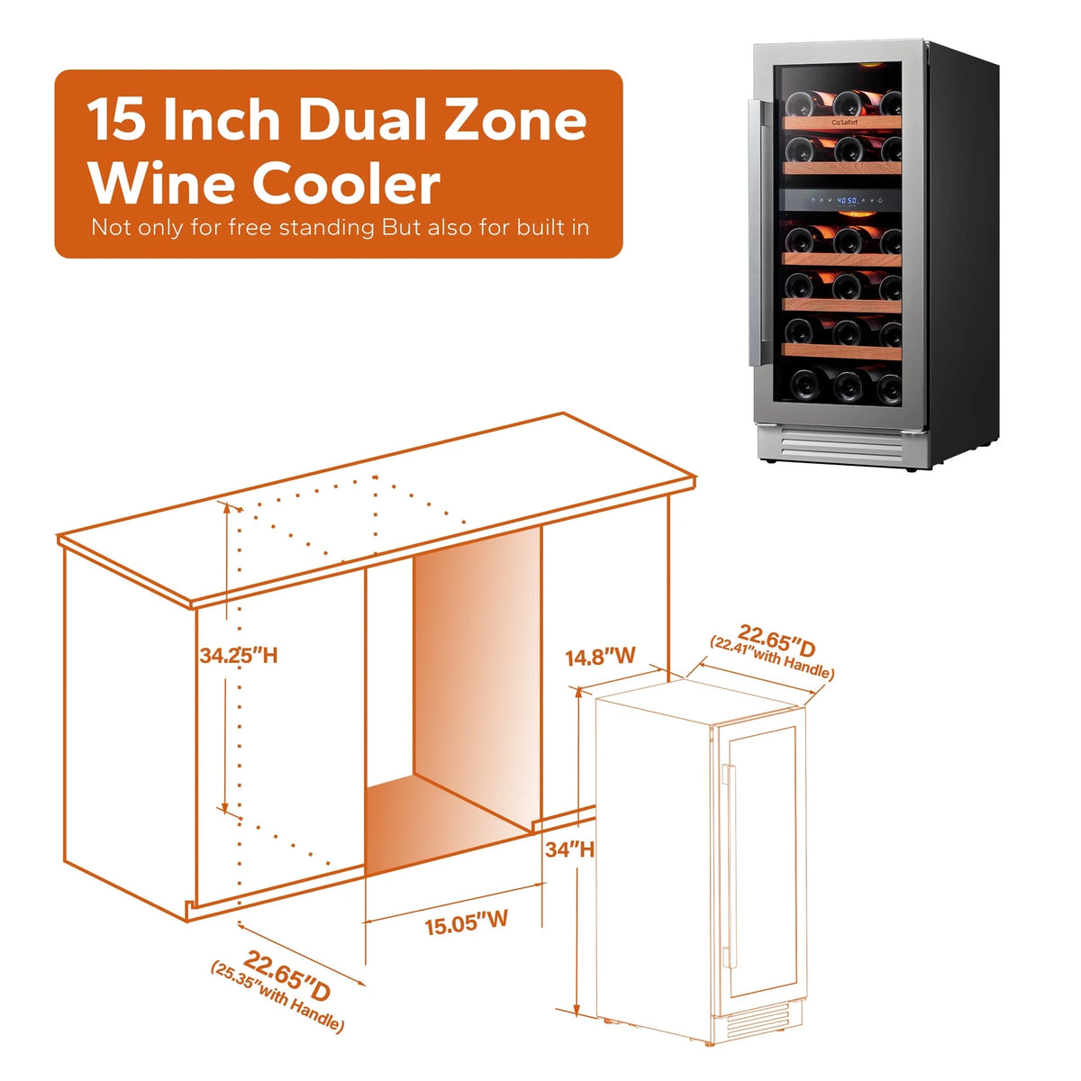 15 Inch Wine Fridge, 28 Bottle Dual Zone Wine Cooler Refrigerator with Glass Door for Home/Office, Built-In & Freestanding
