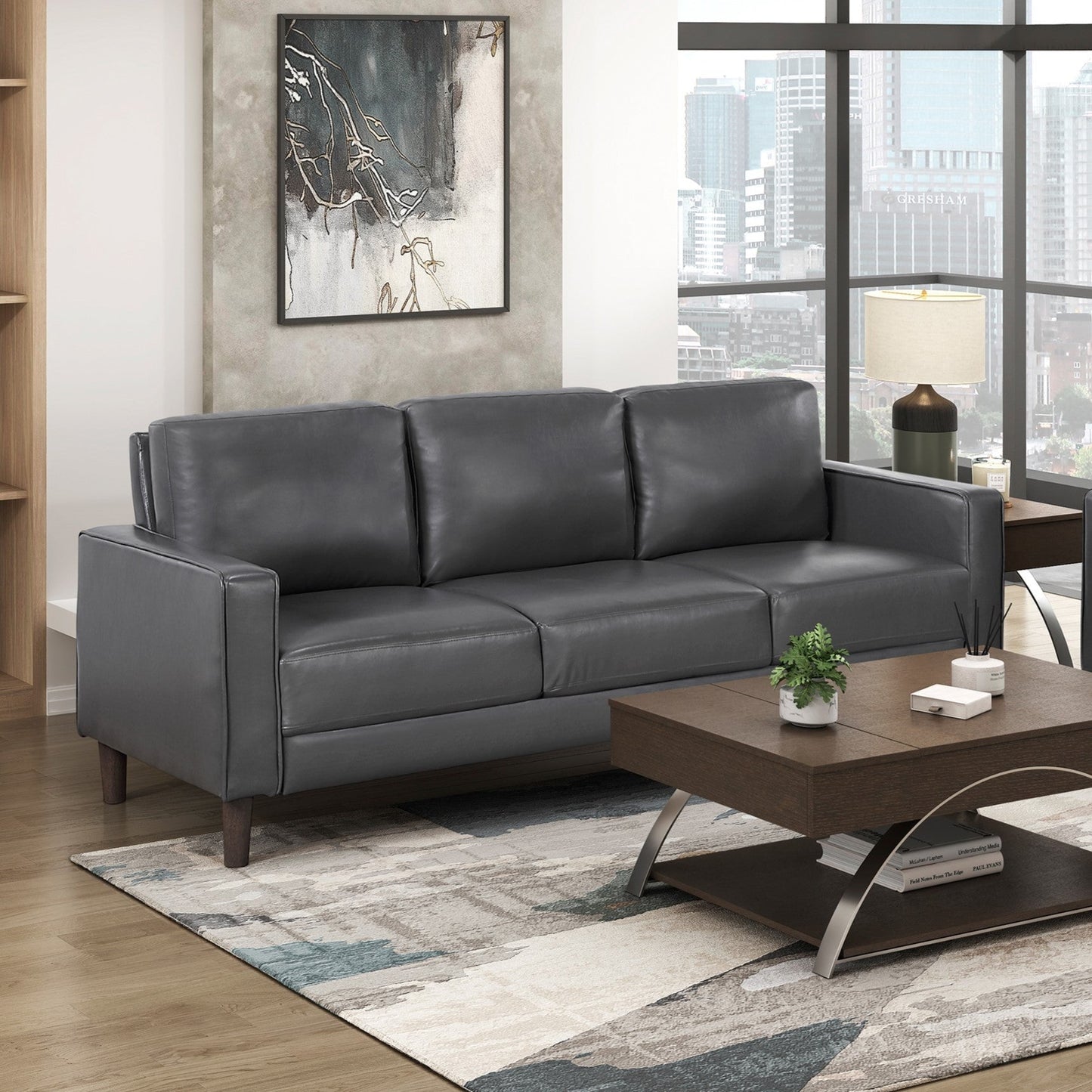 Modern Style Dark Gray Faux Leather Upholstered 3-Seater Sofa Couch Comfortable Cushion Back Seat Solid Wood Living Room Furniture 1pc