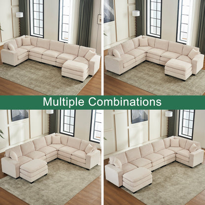 Modern U Shaped 6-seat Sectional Sofa Couch with one Ottoman and three toss pillow