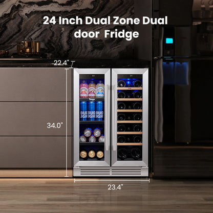 24 Inch Wine and Beverage Refrigerator, 20 Bottles and 60 Cans Dual Zone Fridge with French Glass Door for Home/Office, 36℉~72℉, Built-In/ Freestanding
