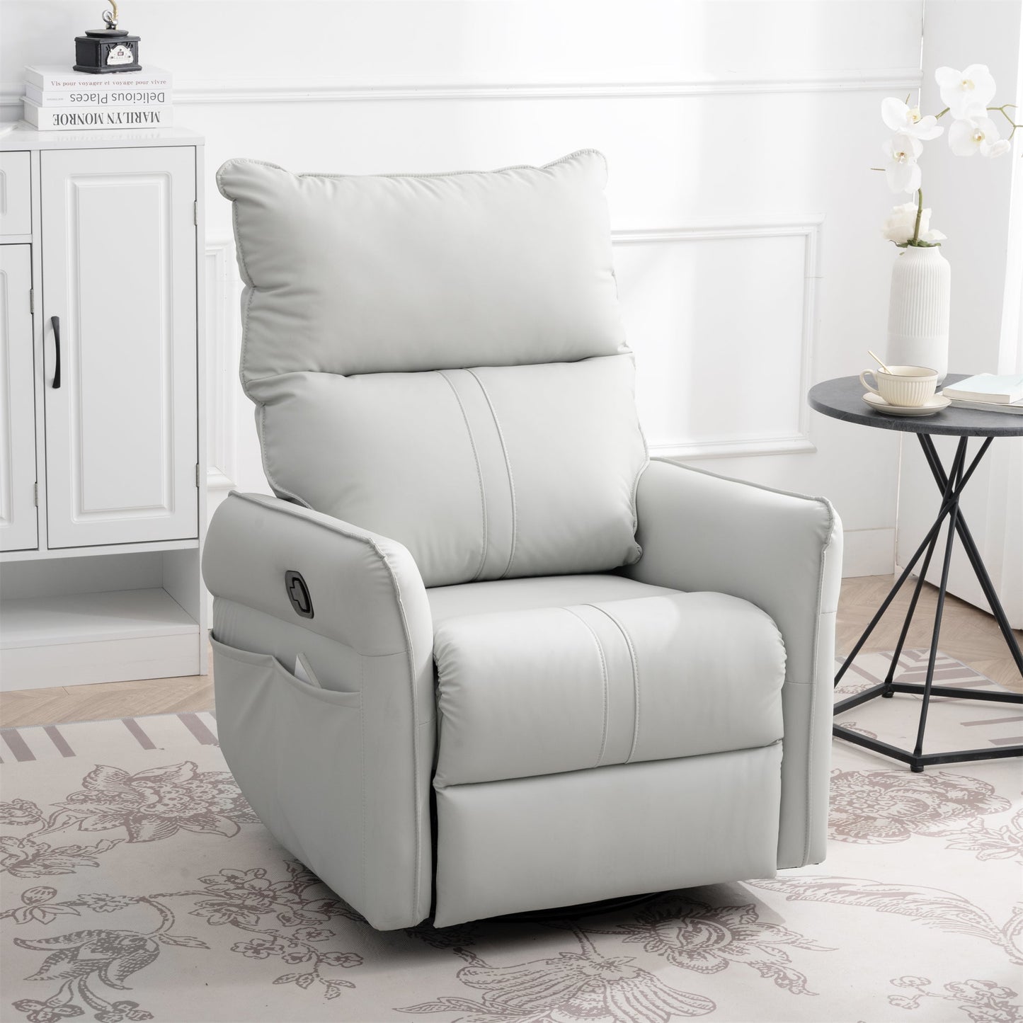 PU Rocking Recliner Chair, 360° Swivel Nursery Rocking Chair, Glider Chair, Modern Small Rocking Swivel Recliner Chair, Home Theater Seating, Side Pocket (Light Gray+360° Swivel)