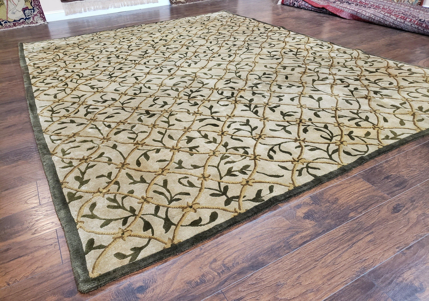 Vintage Tibetan Nepalese Area Rug 9x12, Wool Hand-Knotted, Beige Nepali Soft Pile Carpet, 9 x 12 Living Room Modern Dining Room Rug