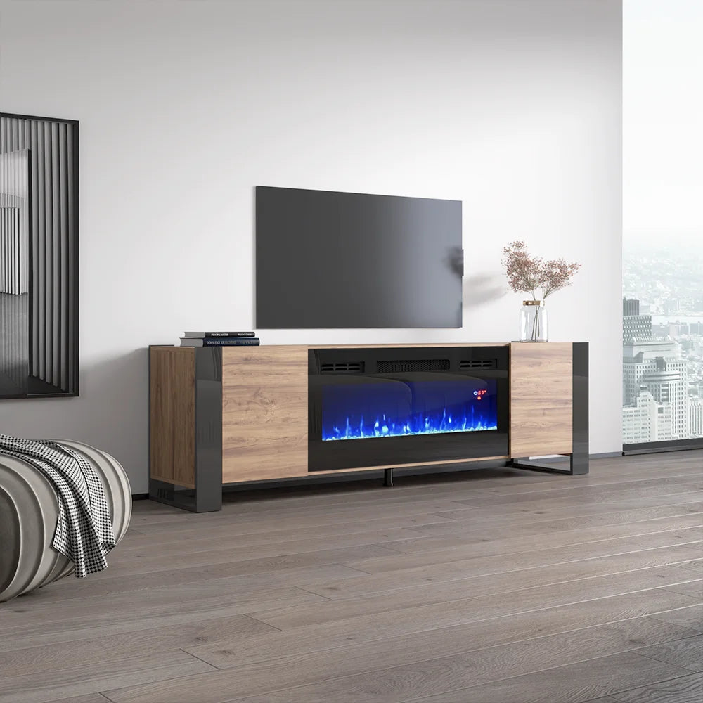 Woody BL-EF Fireplace TV Stand for Tvs up to 85", Modern High Gloss 77" Entertainment Center, Electric Fireplace TV Media Console with Storage Cabinets