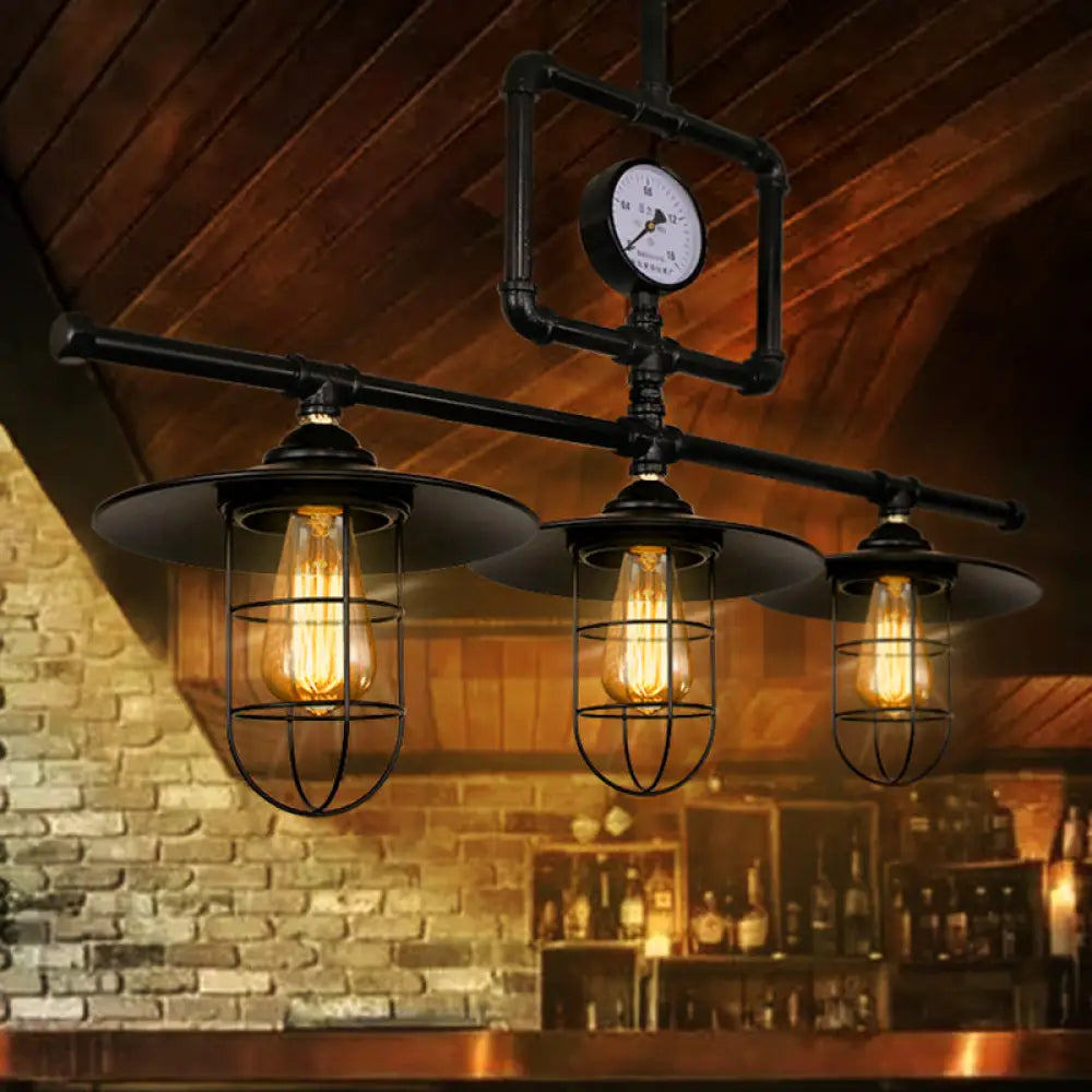 DecorBites™ Antiqued Black Metal Pendant Lamp with Watermeter Deco - 3-Head Ceiling Lighting for Bar and Island
