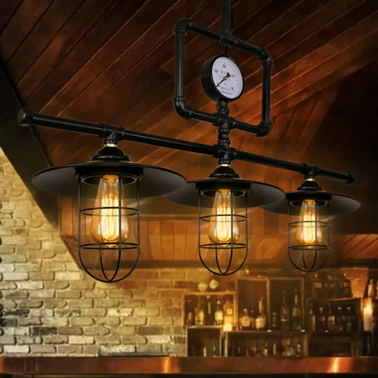 DecorBites™ Antiqued Black Metal Pendant Lamp with Watermeter Deco - 3-Head Ceiling Lighting for Bar and Island