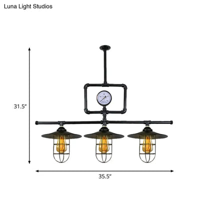 DecorBites™ Antiqued Black Metal Pendant Lamp with Watermeter Deco - 3-Head Ceiling Lighting for Bar and Island
