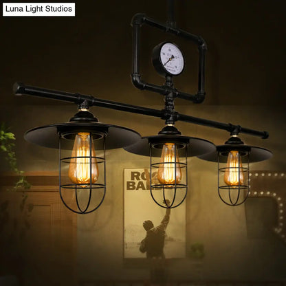 DecorBites™ Antiqued Black Metal Pendant Lamp with Watermeter Deco - 3-Head Ceiling Lighting for Bar and Island