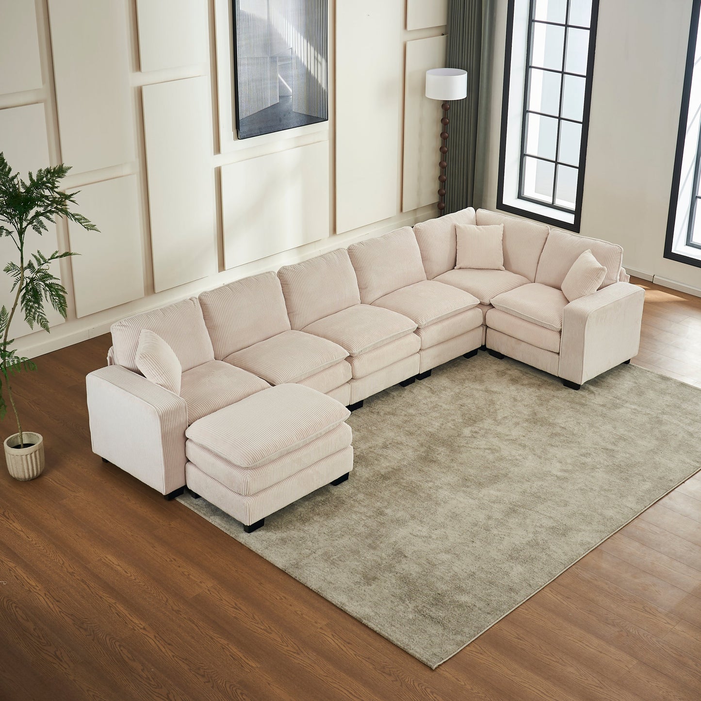 Modern U Shaped 6-seat Sectional Sofa Couch with one Ottoman and three toss pillow