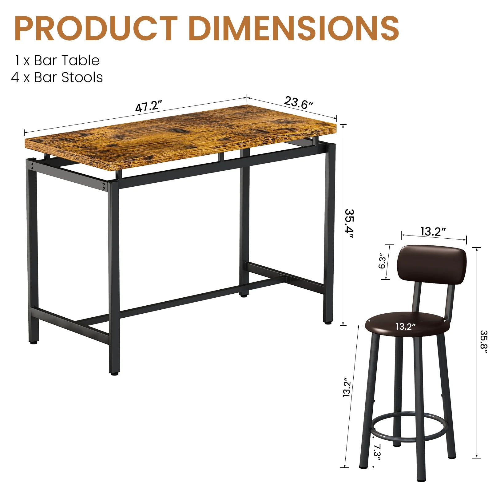 Breakfast Barstool Counter Height Dining Table Set for 4 with Upholstered Bar Stools, High Top Table, Vintage Brown
