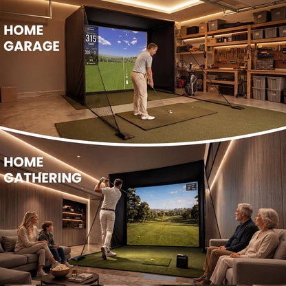 Golf Simulator Enclosure Cage, with HD Impact Projection Screen, Dual Shank Nets & Foam Padding Poles, 8.4X8.4 Steel Frame Golf Net for Garage, Basement, Home Room, Golfers, Beginners & Family Use