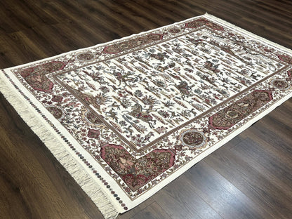 Turkish Silk Rug 5x8, Ivory, Hunting Design, Animal Pictorials, Bamboo Silk