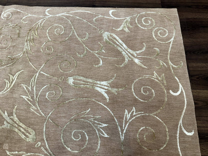 Tibetan Rug 9x12 Wool and Silk Beige Modern Handmade Carpet