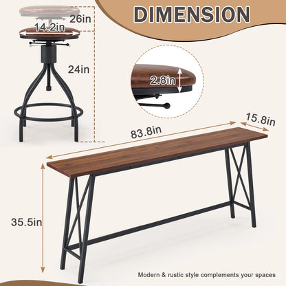 84" Bar Table and Chairs Set for 4~6, Pub Set for 4 PU Padded Barstools Swivel Stool Dining Table Set, Modern Dining Set for 4, Retro Brown