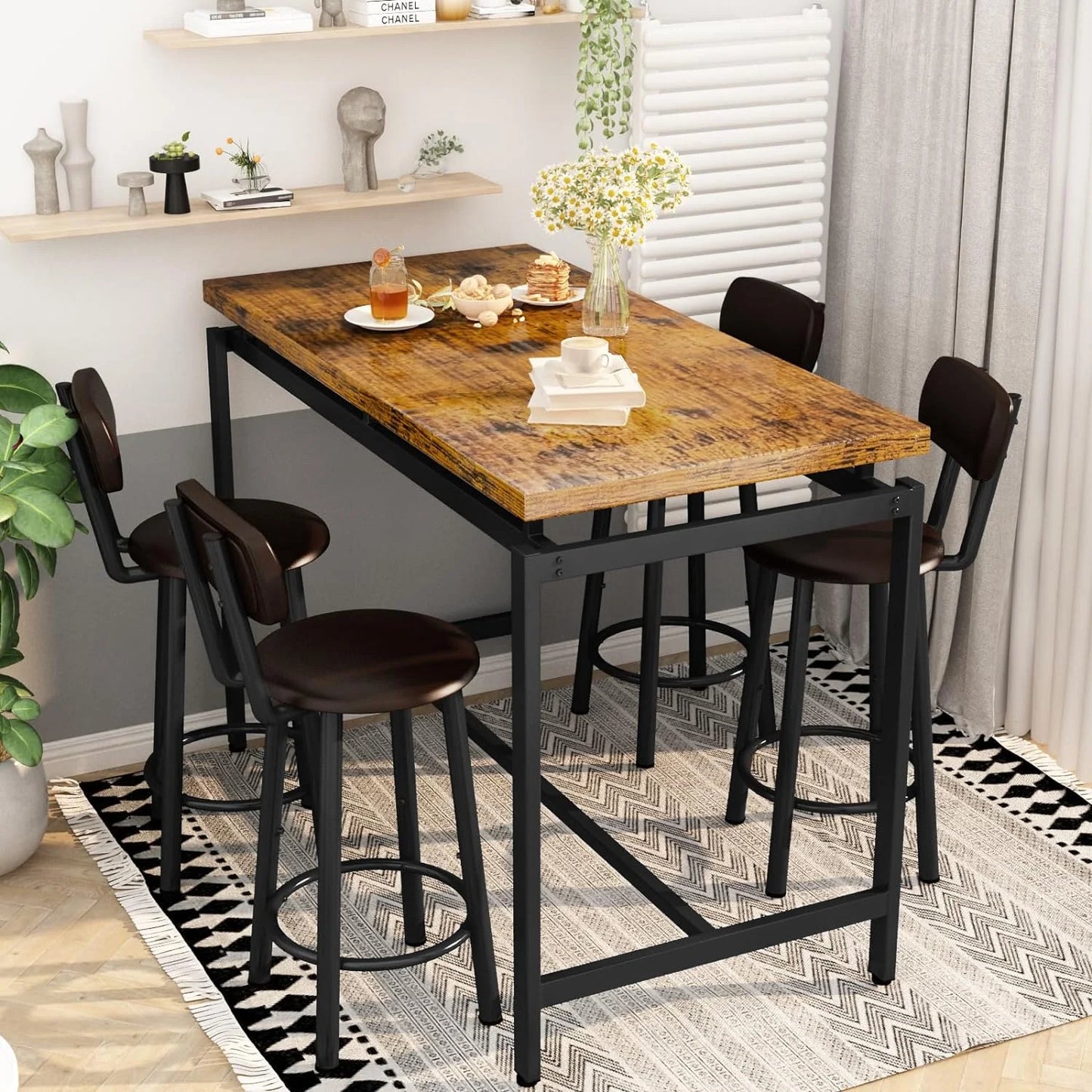 Breakfast Barstool Counter Height Dining Table Set for 4 with Upholstered Bar Stools, High Top Table, Vintage Brown