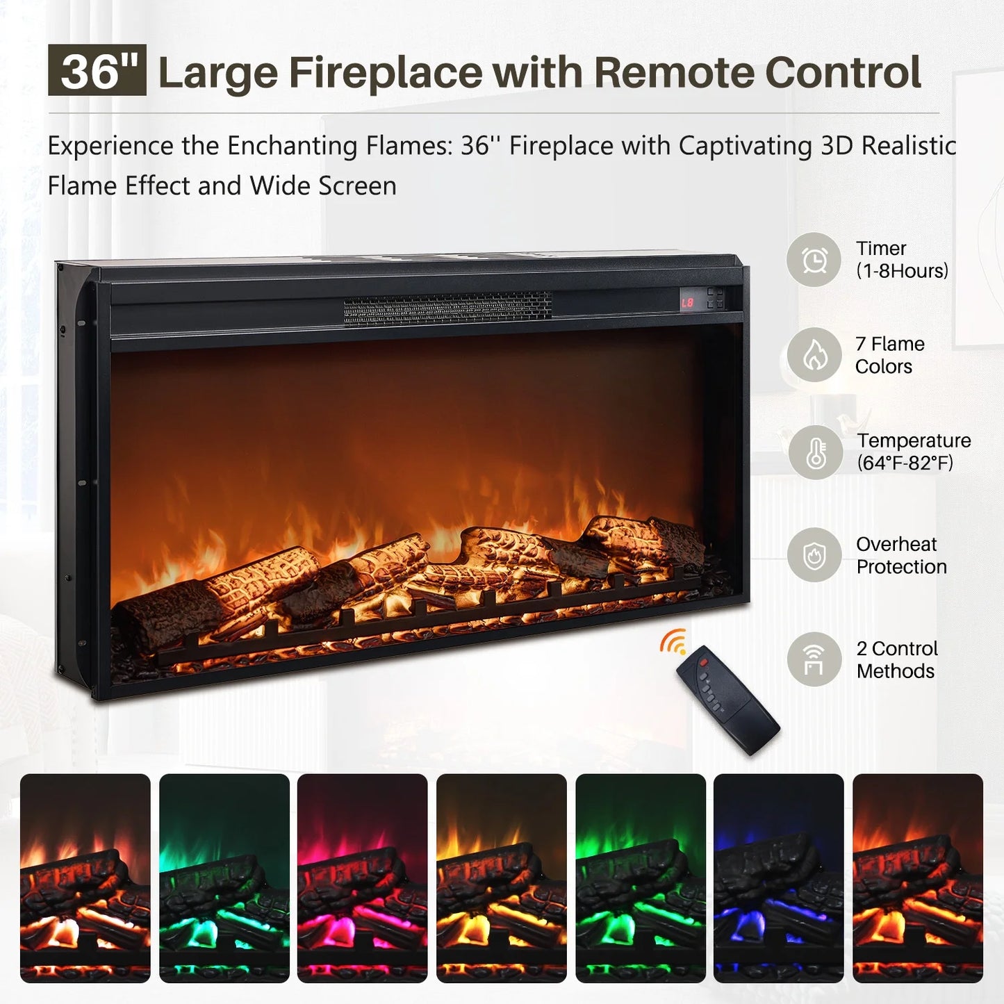 Fluted Fireplace TV Stand for 80 Inch, Entertainment Center with 36" Electric Fireplace, 2 Drawers and Adjustable Shelves, Wood TV Stand for Living Room