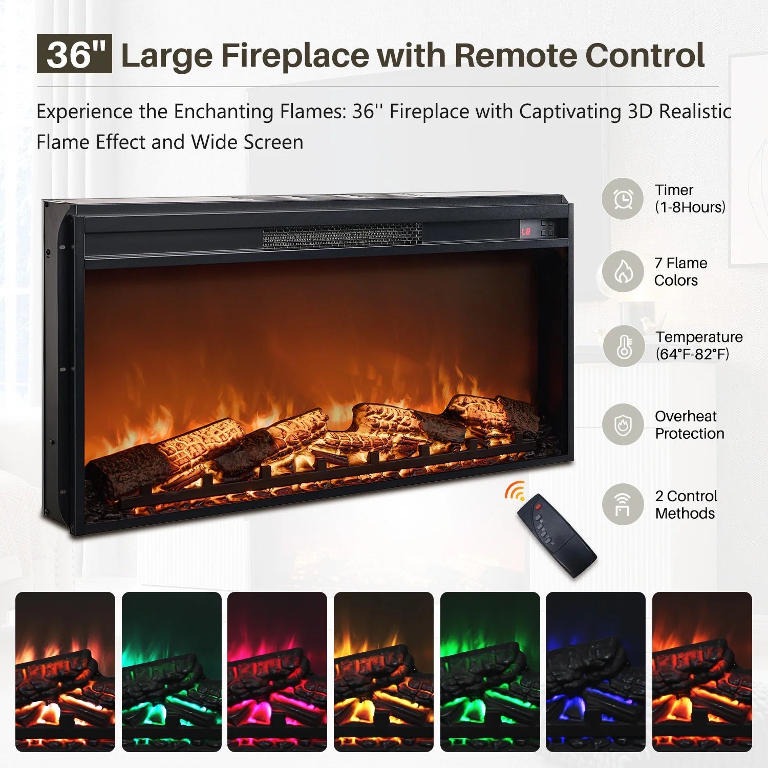 Fluted Fireplace TV Stand for 80 Inch, Entertainment Center with 36" Electric Fireplace, 2 Drawers and Adjustable Shelves, Wood TV Stand for Living Room
