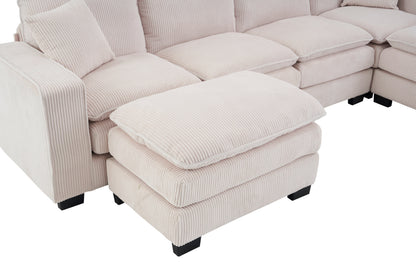 Modern U Shaped 6-seat Sectional Sofa Couch with one Ottoman and three toss pillow