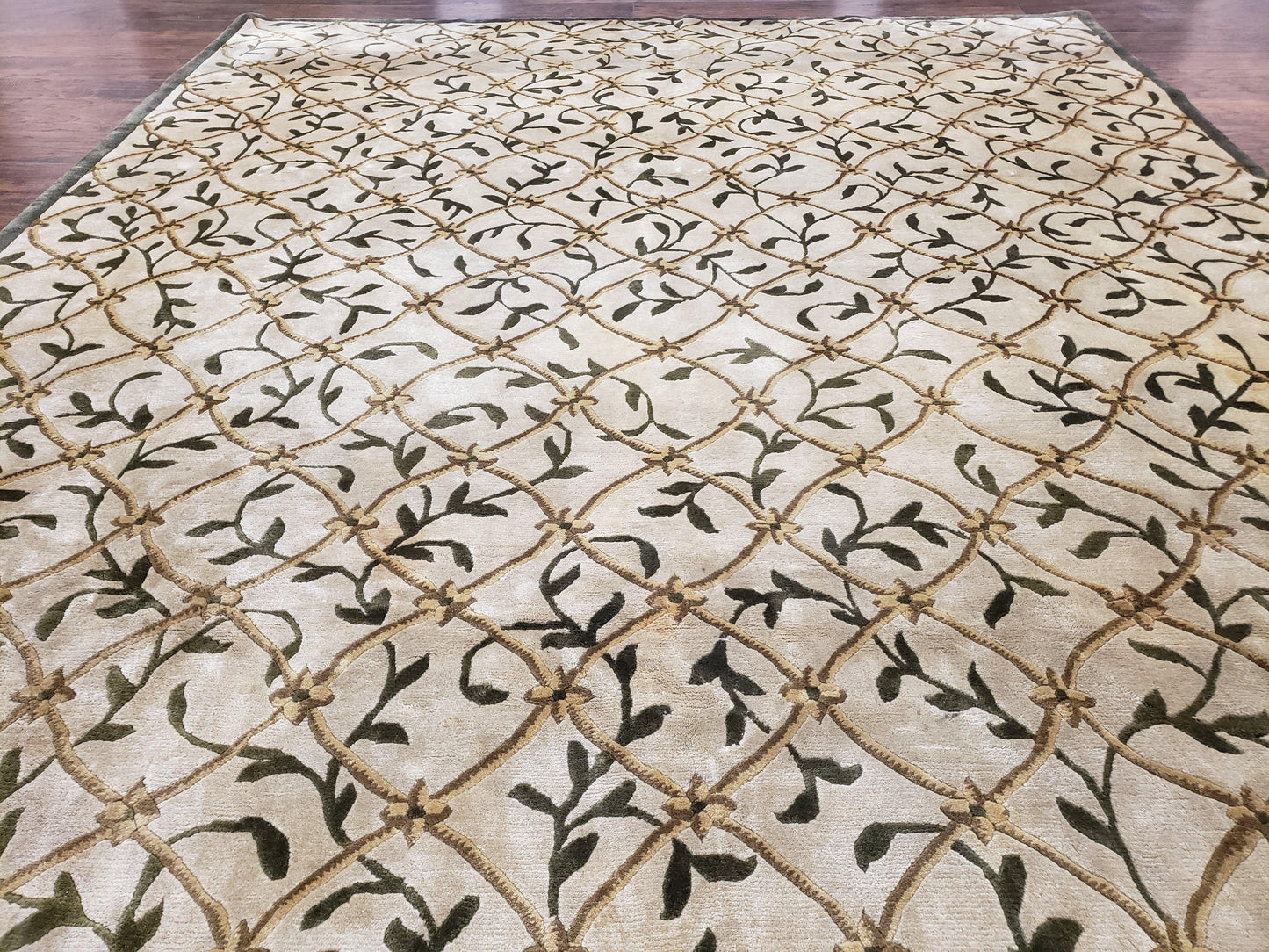 Vintage Tibetan Nepalese Area Rug 9x12, Wool Hand-Knotted, Beige Nepali Soft Pile Carpet, 9 x 12 Living Room Modern Dining Room Rug