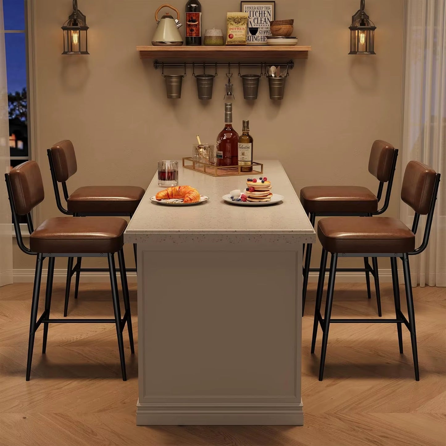 2 Pcs Bar Stools,Faux Leather Counter Height Bar Stool with Back, Metal Legs, Upholstered Barstool Chairs for Island,Counter Bar