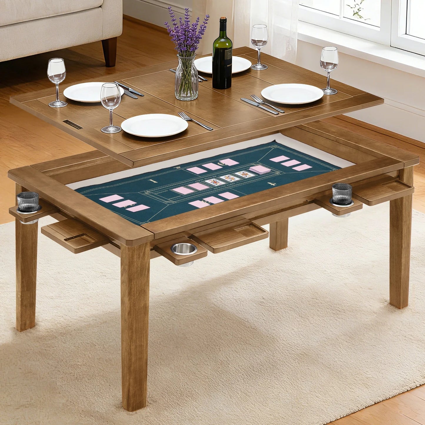 Solid Wood Board Game Table for 4–6 with Removable Top, 54" X 31" Gaming Surface, Game Mat, 6 Cup Holders & Hobby Tray – Convertible Gaming and Dining Table for D&D , Card Game and Puzzle