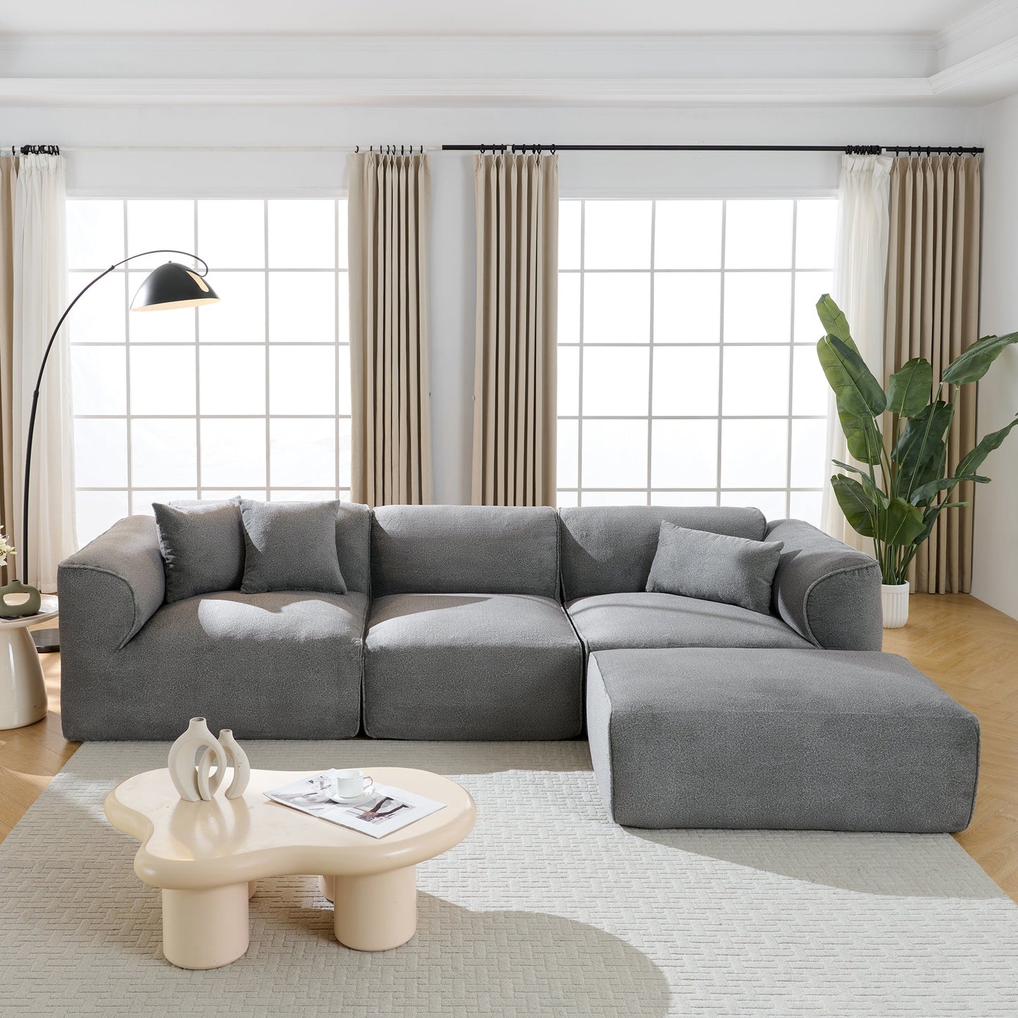 U_Style Luxury living room double-needle cut velvet sofa, 4-seater with pure sponge seat cushions and a detachable footstool, includes 3 throw pillows. Ideal for living rooms, apartments, and more.