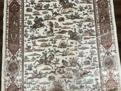 Turkish Silk Rug 5x8, Ivory, Hunting Design, Animal Pictorials, Bamboo Silk