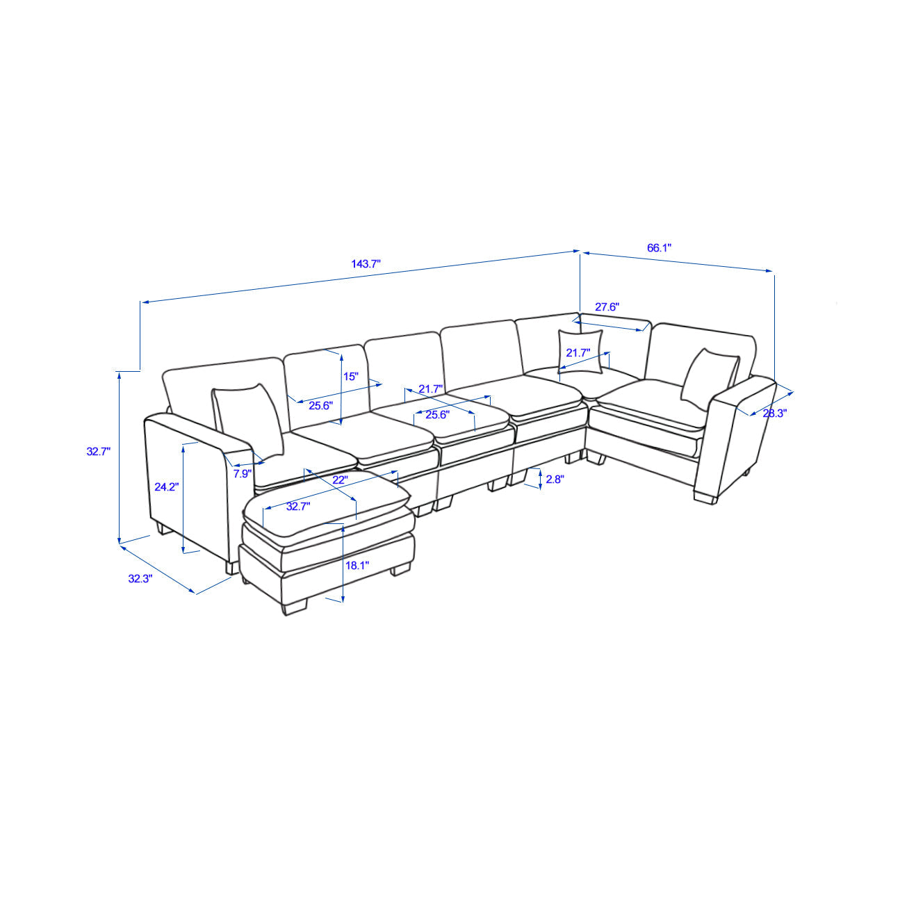 Modern U Shaped 6-seat Sectional Sofa Couch with one Ottoman and three toss pillow