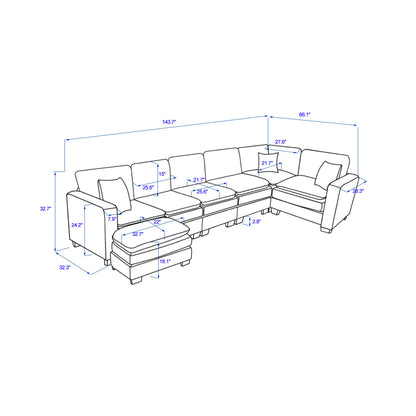 Modern U Shaped 6-seat Sectional Sofa Couch with one Ottoman and three toss pillow
