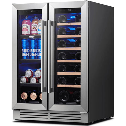 24 Inch Wine and Beverage Refrigerator, 20 Bottles and 60 Cans Dual Zone Fridge with French Glass Door for Home/Office, 36℉~72℉, Built-In/ Freestanding