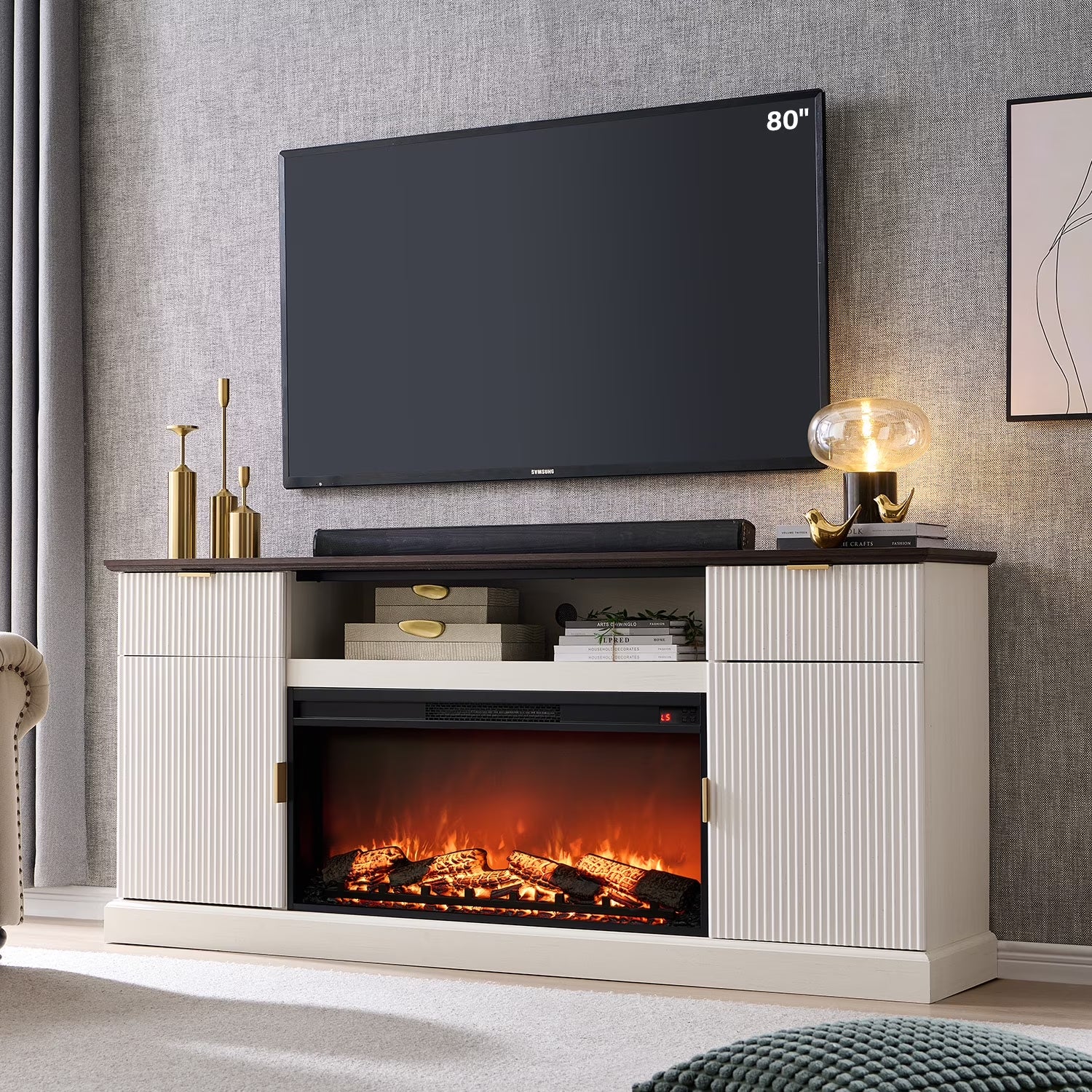 Fluted Fireplace TV Stand for 80 Inch, Entertainment Center with 36" Electric Fireplace, 2 Drawers and Adjustable Shelves, Wood TV Stand for Living Room