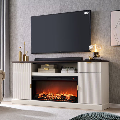 Fluted Fireplace TV Stand for 80 Inch, Entertainment Center with 36" Electric Fireplace, 2 Drawers and Adjustable Shelves, Wood TV Stand for Living Room