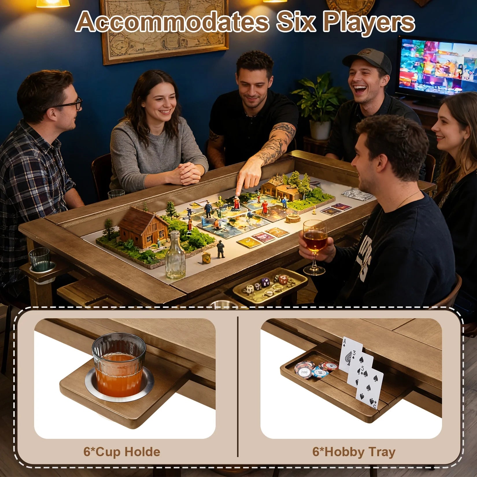 Solid Wood Board Game Table for 4–6 with Removable Top, 54" X 31" Gaming Surface, Game Mat, 6 Cup Holders & Hobby Tray – Convertible Gaming and Dining Table for D&D , Card Game and Puzzle
